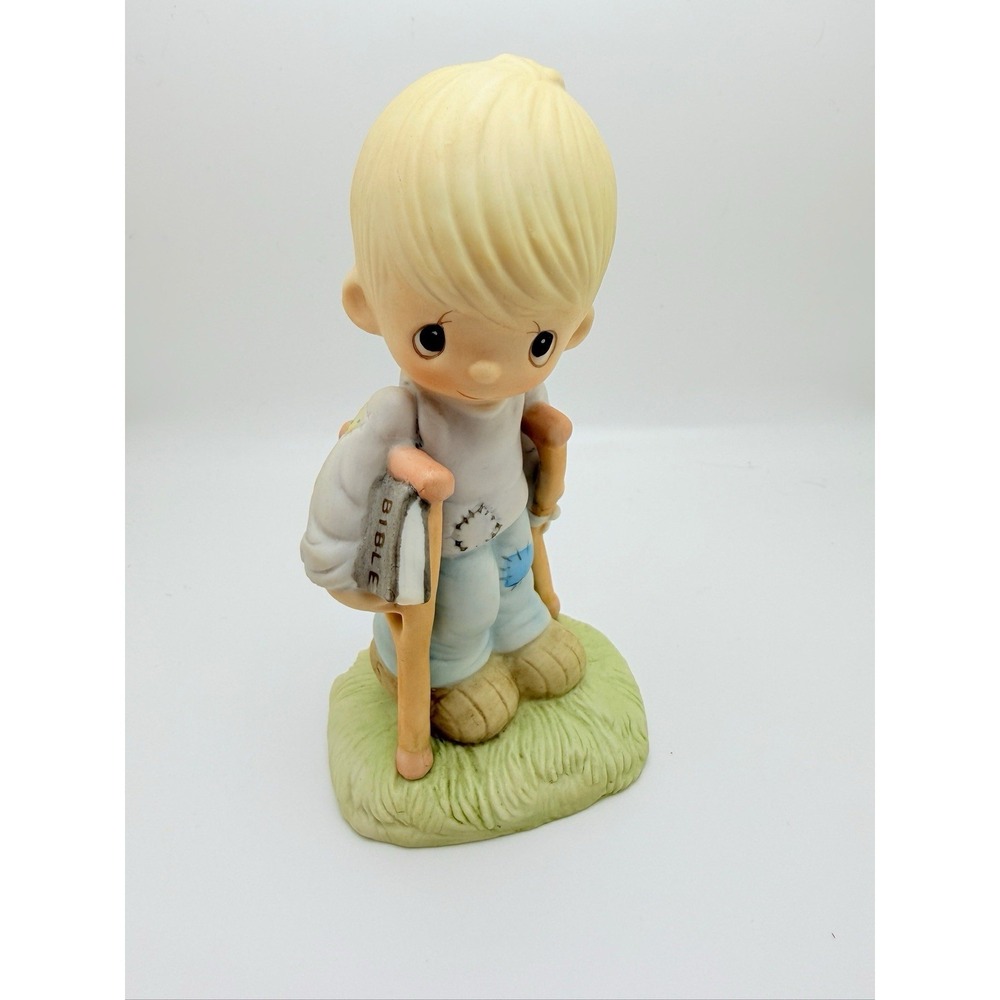 Precious Moments "He Watches Over Us All" Boy Bible Crutches 1979/E-3105